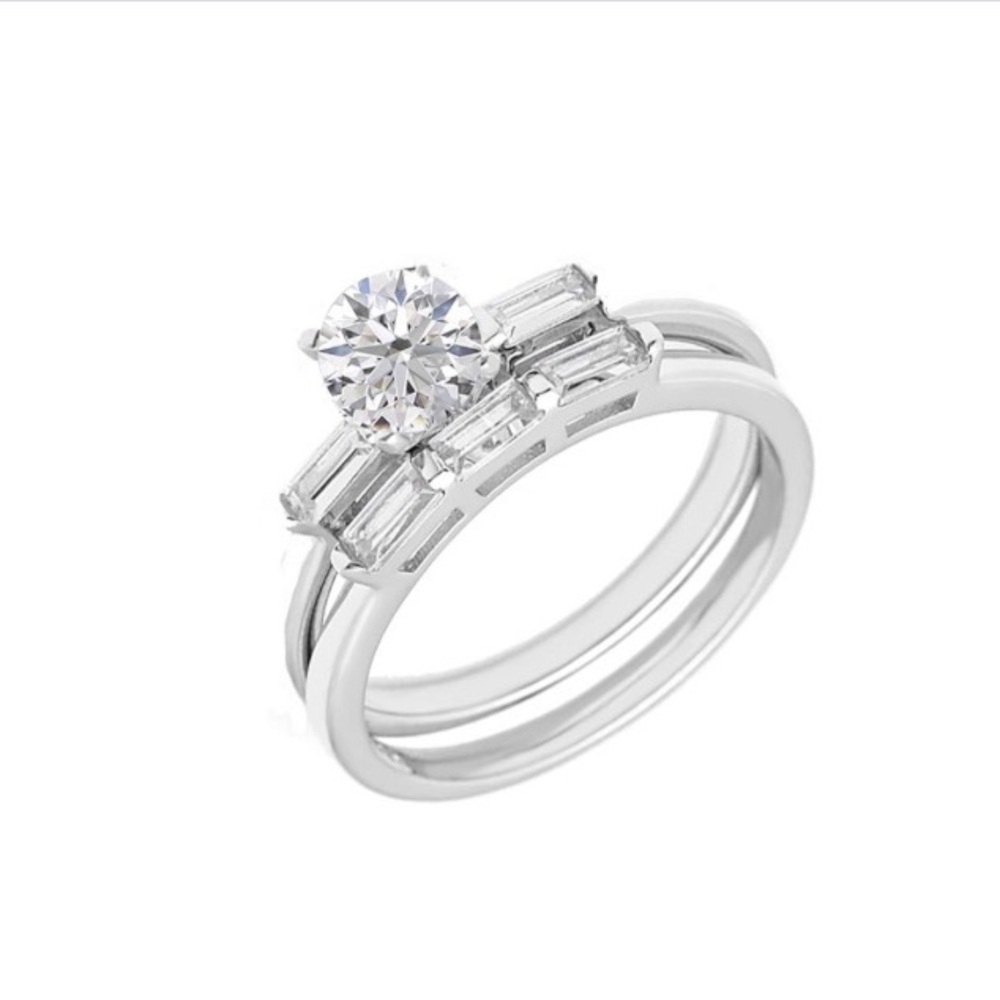 NWT-SS 925 Rhodium Plated Round/Baguette Engagement Ring Set CZ